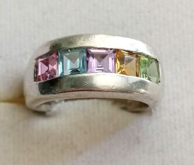 Silber Ring 925 mit elegante bunte Edelsteinen, Gr.53, Art Deco, 7,57g, Top