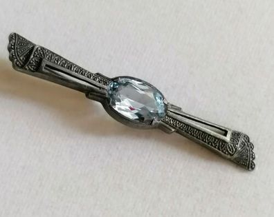 Antik Silber 835 Brosche mit elegante Aquamarin, Art Deco, 5,37g, Top