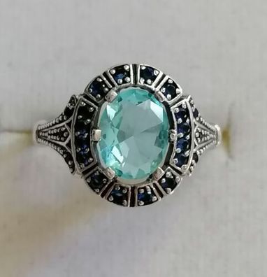 Silber Ring 925 mit elegante groß Aquamarin & Saphiren, Gr.55, Art Deco, Neu, Top