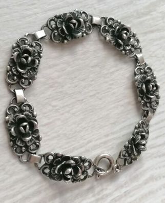 Silber 835 Armband mit 7 Rosen, Länge 19,5cm, Breite 1,2cm, 14,4g, Art Deco, Top