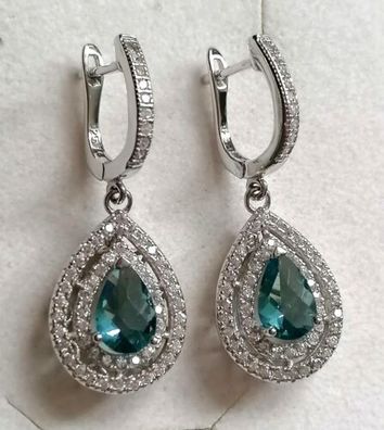 Silber 925 Ohrringe Ohrhänger mit blau Obsidian & Zirkonia, Art Deco, Neu, Top