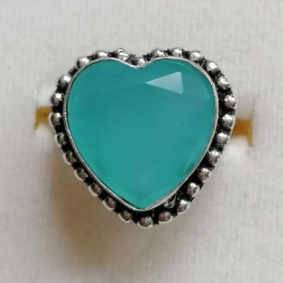 Silber Ring mit elegante groß Aqua-Chalzedon Herz, Gr. 56, Art Deco,7,33 g, Top