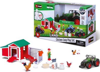 Bburago 18-31681 - Farmland Hühnerstall inkl. Fendt Traktor (17 Teile) Spiel-Set