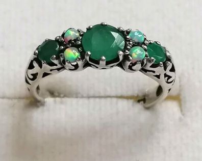 Silber Ring 925 mit echt Smaragden & Opale , Gr.51,5 , Neu, Art Deco, Top