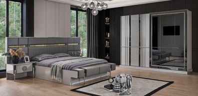 Schlafzimmer Doppelbett Bett Garnitur Grau Nachttische Holz Set 4tlg