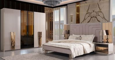 Luxus Schlafzimmer Doppelbett Bett Garnitur Set 4tlg Beige Holz Nachttisch