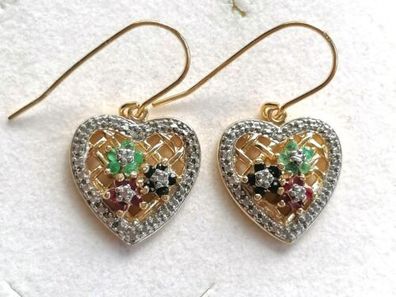 Silber 925 Ohrringe Ohrhänger Herzen mit Smaragden, Saphiren, Rubinen, Diamant