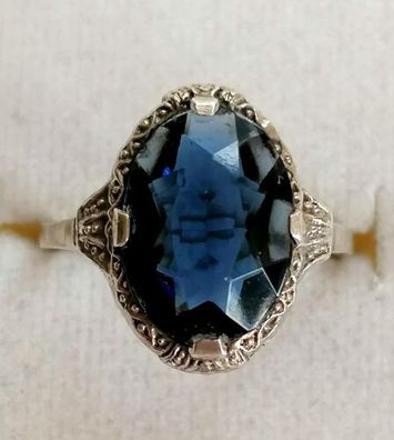 Antik Silber Ring 835 mit elegante groß blaue Spinell, Gr.58,5, Art Deco, 3,88g