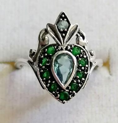 Silber Ring 925 mit elegante Aquamarin & Smaragden , Gr.52, Neu, Art Deco, Top