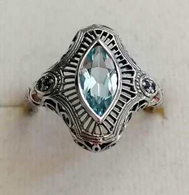 Silber Ring 925 mit elegante Aquamarin & Saphiren, Gr.53, Art Deco, Neu, Top