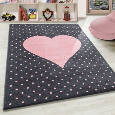Kinderteppich Kinderzimmer Teppich Herz und Punkte Motiv Pink Grau Farben