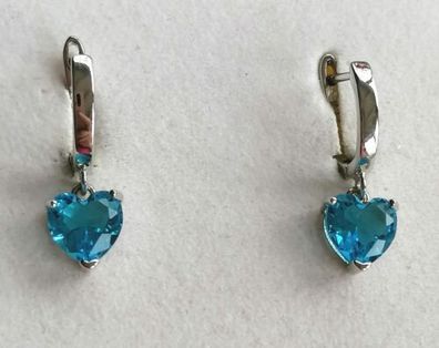 Silber 925 Ohrringe Ohrclips Ohrhänger mit blau Topas Herzen, Neu, 2,9g, Top