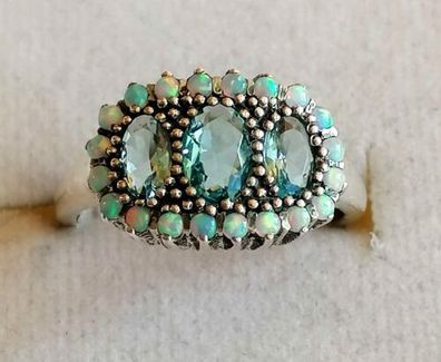 Silber Ring 925 mit elegante Aquamarin & Opale , Gr.52, Art Deco, Neu, Top