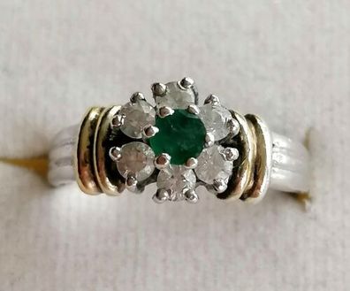 Antik Ring Silber 925 & Gold 585 mit Smaragd & Zirkonia, Gr.59, Art Deco, Top