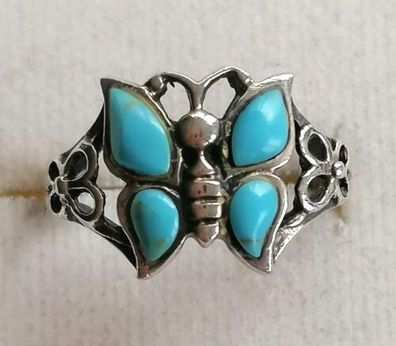 Antik Silber Ring 925 Schmetterling mit elegante Türkis, Gr.53, Art Deco , Top