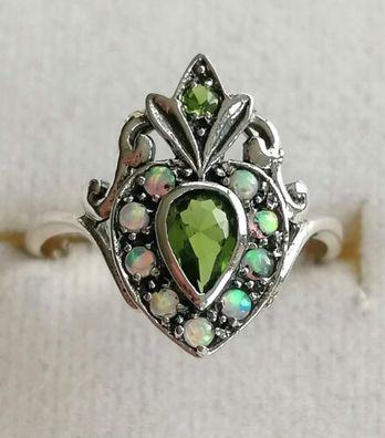 Silber Ring 925 mit elegante Peridot & Opale , Gr.56, Art Deco, Neu, Top