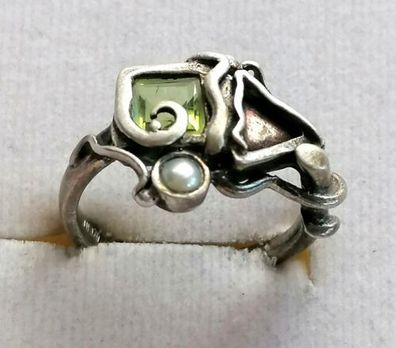Antik Silber Ring 925 & Metal mit elegante Peridot & Perle, Gr.54, Art Deco, Top