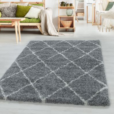 Hochflor Design Teppich Wohnzimmerteppich Muster Raute Flor Weich Farbe Grau