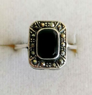 Antik Silber Ring 925 mit elegante groß Onyx & Markasiten , Gr.56, Art Deco