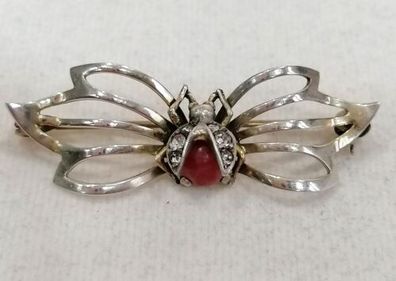 Antik Silber 835 Brosche Schmetterling mit Koralle & Zirkonia, Art Deco, Top