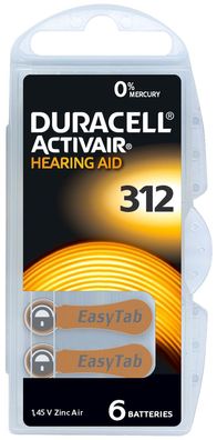 Duracell Hörgerätebatterie DA312 Zn/ Luft 1,4V / 160mAh 6er Blister