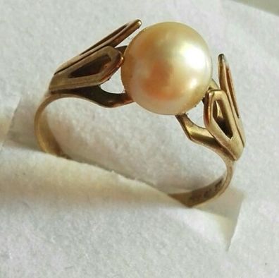 Goldring Gelbgold Ring 333 mit elegante Perle, Gr.60, Art Deco