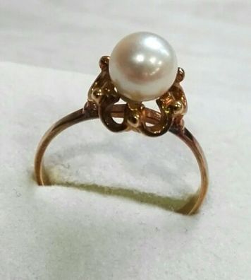 Antik Goldring Rotgold Ring 585/14K mit elegante Perle, Gr. 50, Art Deco, Top