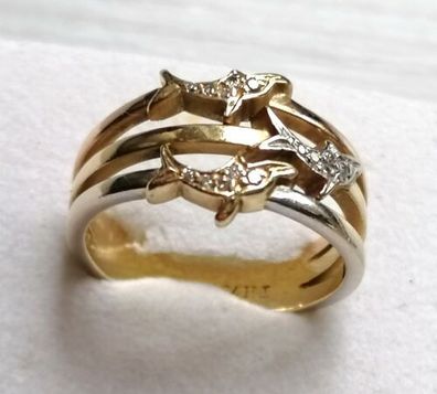 Goldring Gelbgold Ring 750/18K 3 Delfin mit 15 Diamanten ca 0.15ct, Gr.55, Top