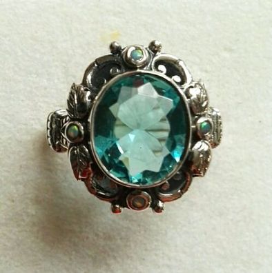 Silber Ring 925 mit elegante groß Aquamarin & Opal, Gr.51, 4.05g, Neu, Top!!!