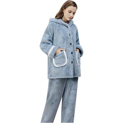 Pyjama Damen Solid Kapuze Frauenkleidern Langarm Winter Hemd Hosen
