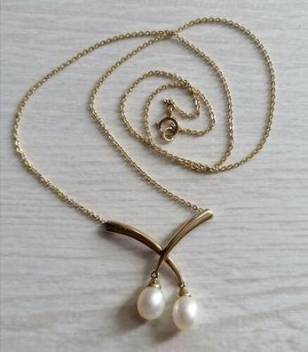 Gold Kette Collier Gelbgold 333 mit elegante Perlen, 45cm, Art Deco, Neu, Top