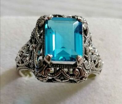 Silber Ring 925 mit elegante groß blau Topas, Antik style, Gr.59, Neu, Top!!!