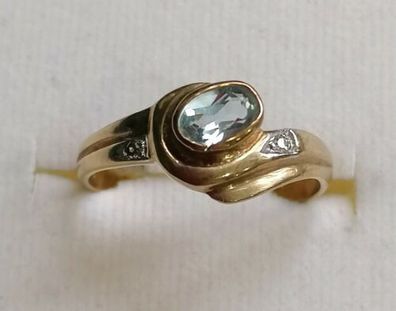 Goldring Gelbgold Ring 333/8K mit elegante Aquamarin & 2 Diamanten, Gr.55, Top!