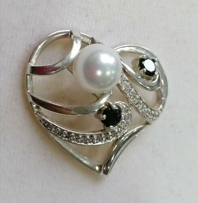 Silber 925 Kette Anhänger Herz mit Perle & Onyx, 3 * 3cm, 6.54g, Neu, Top!!