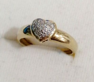 Goldring Gelbgold Ring 375 9K Herz mit viele Diamanten, Gr.53.5, Neuwertig, Top
