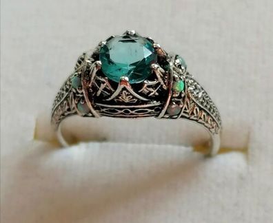 Silber Ring 925 mit elegante Aquamarin & Opal , Antik style, Gr.54 , Neu, Top