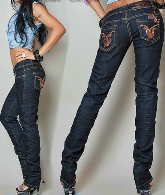 Crazy Queen Damen Girly Hüft Jeans Hose schwarz bronze Pailletten 30 32 34 XS