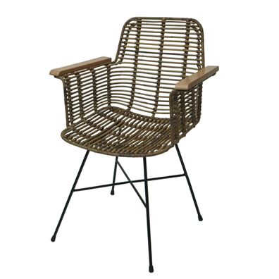 Esszimmerstuhl HWC-M29, Küchenstuhl Stuhl mit Armlehnen, Kubu Rattan Holz Metall