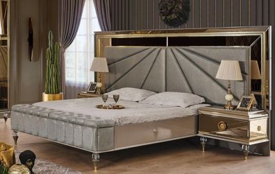 Doppelbett Luxus Garnitur Schlafzimmer Grau Nachttische Holz Set 3tlg