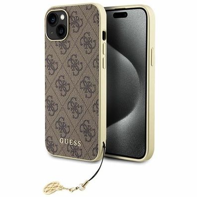 Handyhülle Case iPhone 15 Plus Guess Kunstleder braun mit Kette goldfarbig