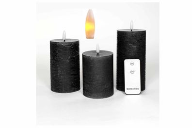 LED Kerzen Fernbedienung schwarz 3-er Set shabby 3D Flamme warmweiß Ø7,5cm