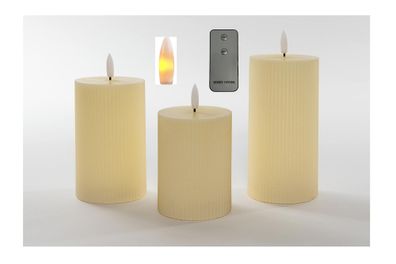 LED Kerzen 3-er Set Fernbedienung elfenbein shabby geriffelt warmweiß Ø7,5cm