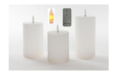 LED Kerzen 3-er Set Fernbedienung weiß shabby geriffelt 3D warmweiß Ø7,5cm