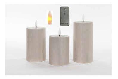 LED Kerzen 3-er Set Fernbedienung taupe shabby geriffelt 3D warmweiß 7,5cm