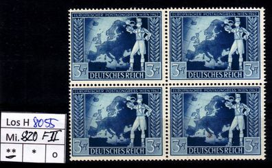 Los H8055: Deutsches Reich Mi. 820 * * Viererblock mit PF II unten links
