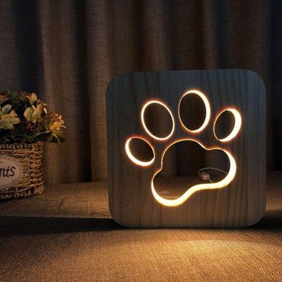 LED-Nachtlicht, Tier-Nachtlicht, Holz geschnitzte USB-Lampe, kreative Pfotenabdruck