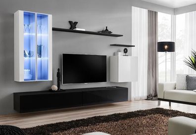 Wohn Zimmer Schwarz TV-Ständer Designer Komplett Set Wandregal Modern Neu Möbel