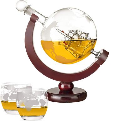 Whisky Dekanter set, Karaffe Globus Decanter,850 ml mit Eisstein,2 Whisky