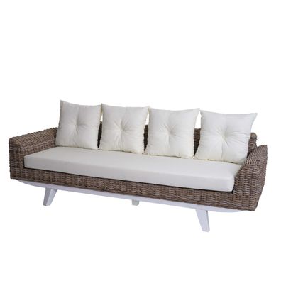 Sofa HWC-M32, Couch mit Kissen, 209cm Kubu Rattan natur Stoff/ Textil Polster creme
