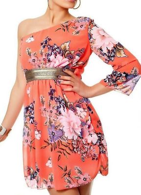 SeXy Miss Damen Flower Chiffon Mini Kleid 1 Arm Dress 32/34/36 bunt gold Coral